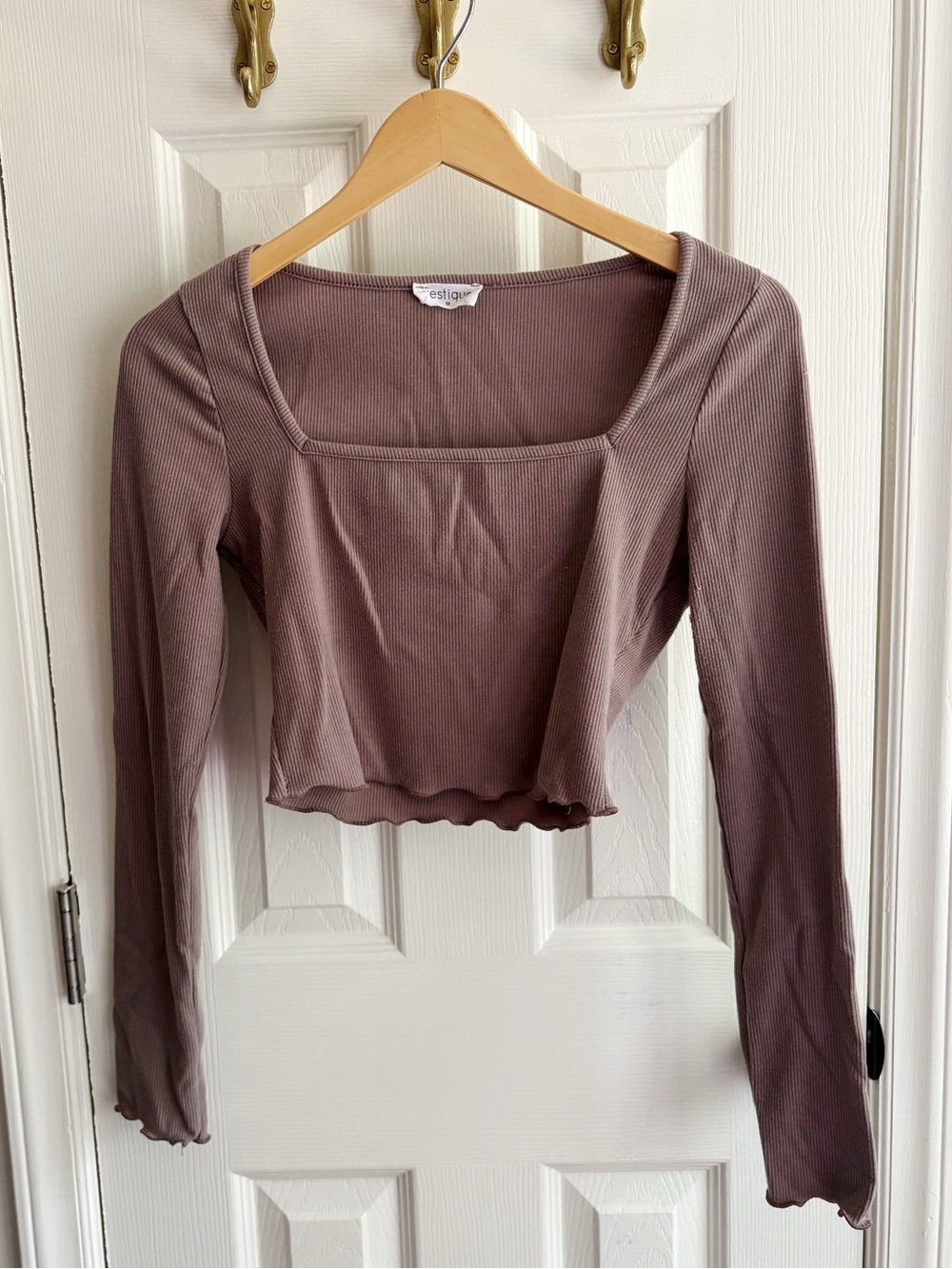 Taupe Ribbed Square Neck Long Sleeve Crop Top